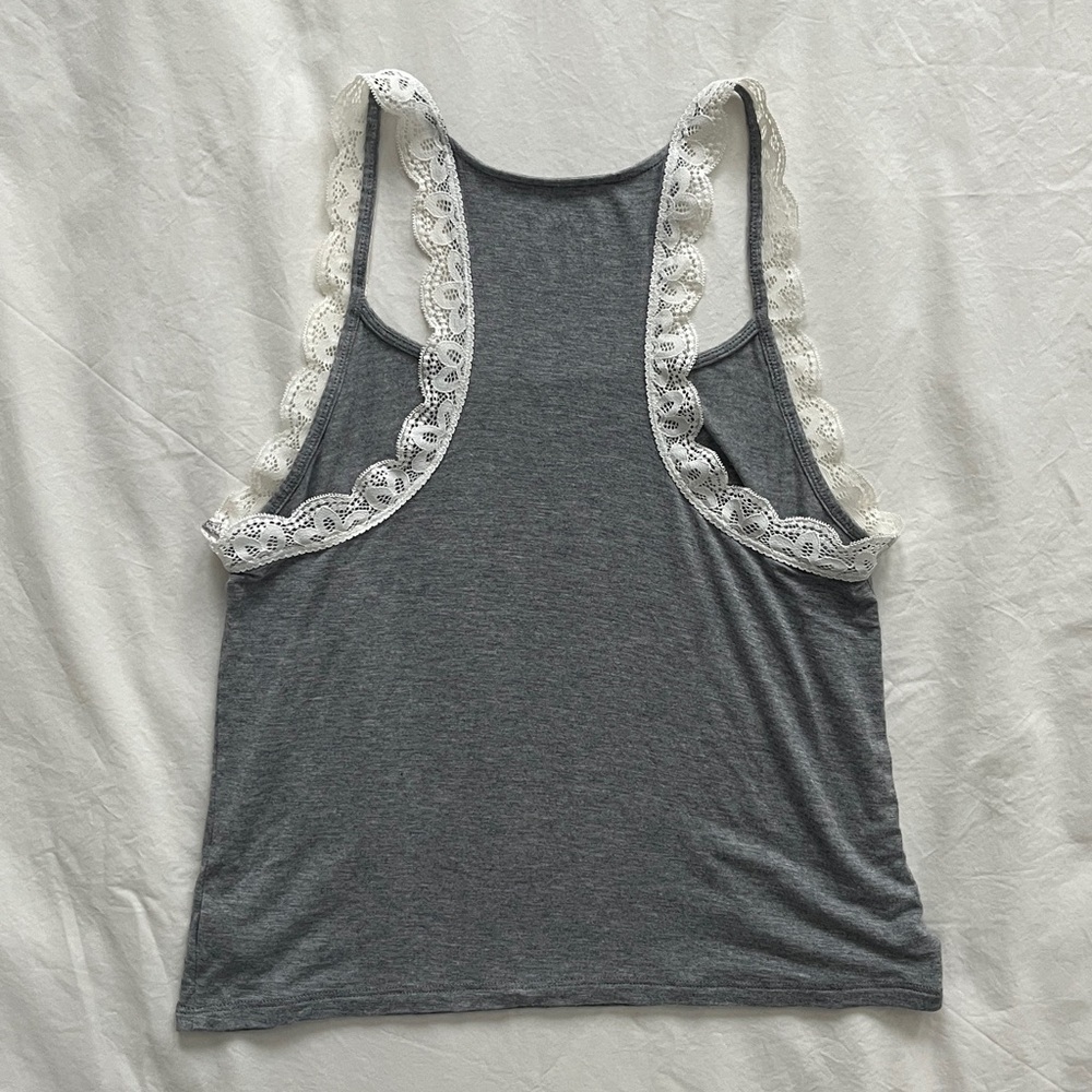 aerie Grey and White Floral Lace Trim Pajama Tank Top - Picture 2 of 5